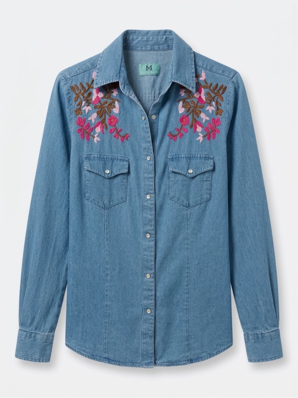 Embroidered Cotton Denim Western Shirt - Pink Floral Collared Shirt with Snaps L